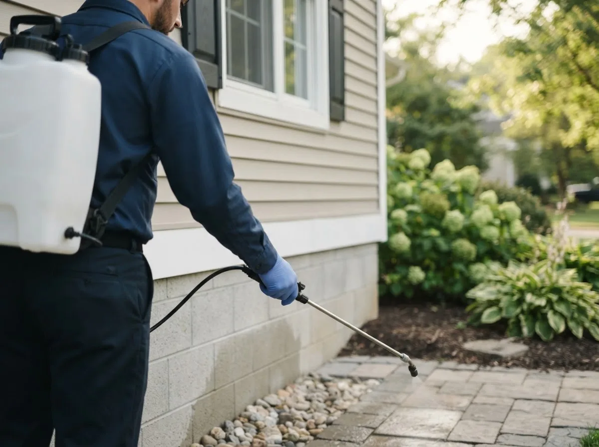 Pest control technician inspecting a home in Grantsburg, IL